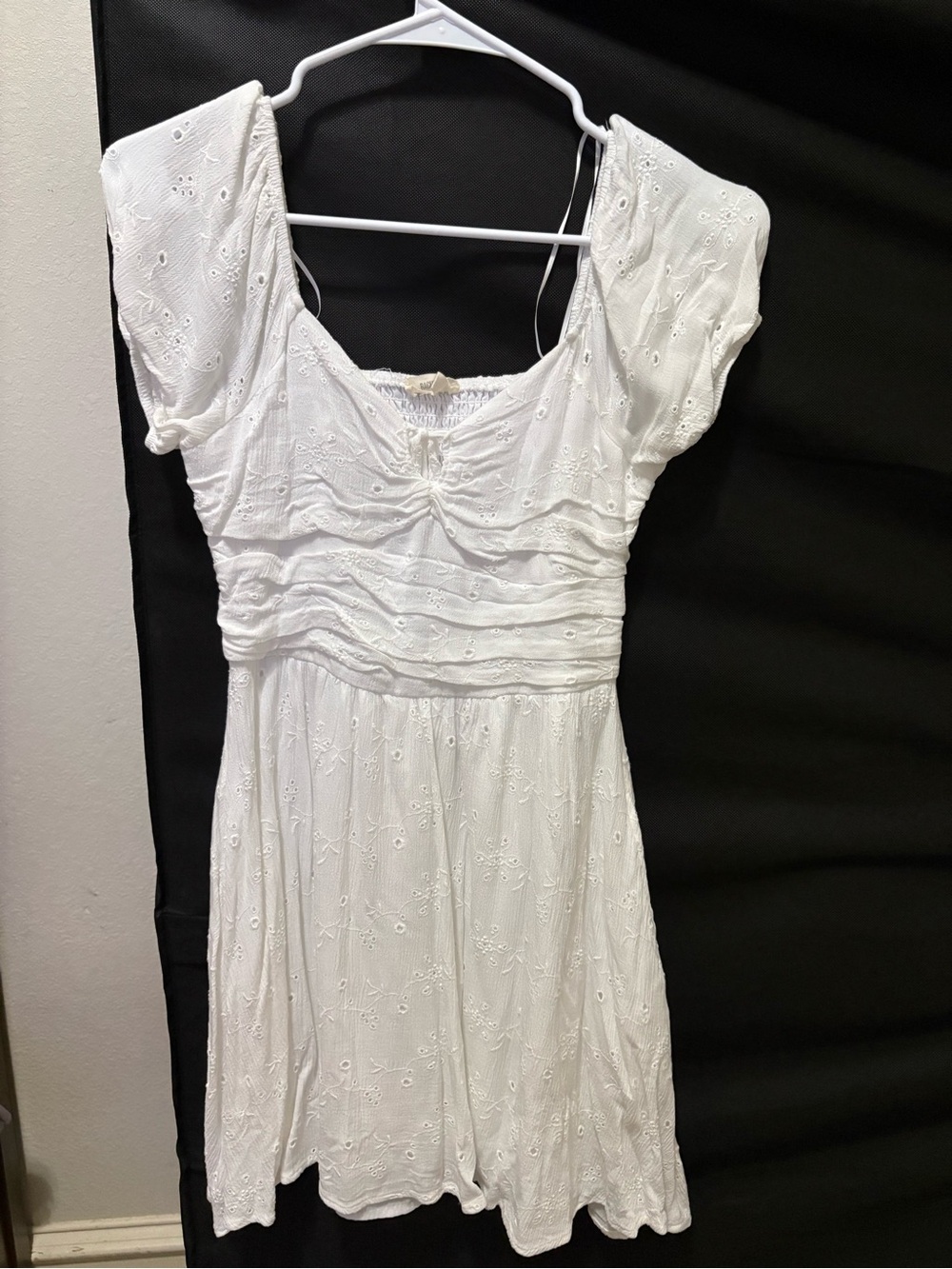 Rachel White Eyelet Mini Dress with Gathered Bodice